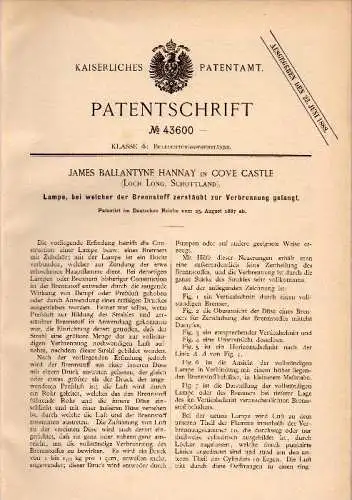 Original Patent - J.B. Hannay in Cove Castle , Scotland , 1887 , Lamp for atomized fuel !!!