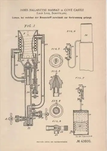 Original Patent - J.B. Hannay in Cove Castle , Scotland , 1887 , Lamp for atomized fuel !!!