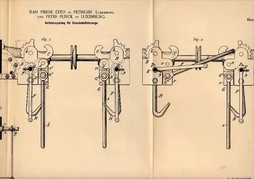 Original Patent - J.P. Cito in Petingen und P. Funck in Luxemburg , 1887 , Kupplung für Eisenbahn !!!