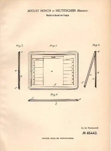 Original Patent - August Hosch in Neu Titschein / Nový Ji&#269;ín , 1888 , Schreibunterlage , Kalender !!!