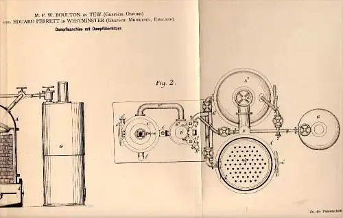 Original Patent - M. Boulton in Tew / Oxford , 1884 , steam engine , E. Perrett in Westminster !!!