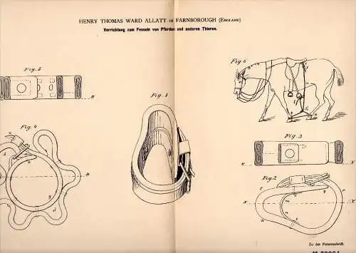 Original Patent - H. Allatt in Farnborough , 1884 , Apparatus for shackles of horses , horse !!!