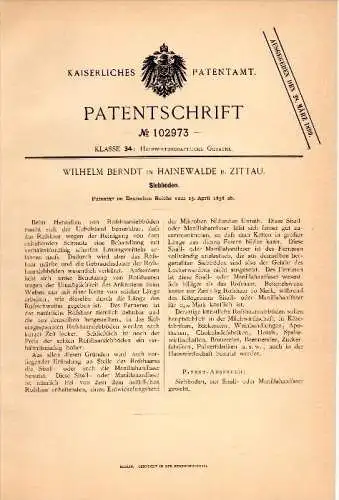 Original Patent - Wilhelm Berndt in Hainewalde b. Zittau , 1898 , Siebboden , Sieb . Roßhaar , Görlitz !!!