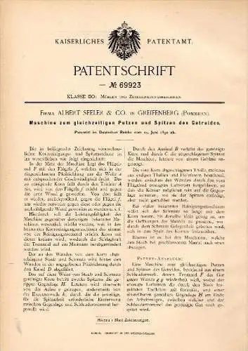 Original Patent -  Albert Seeler & Co in Greifenberg / Gryfice i. Pommern , 1892 , Putzmaschine für Getreide , Agrar !!