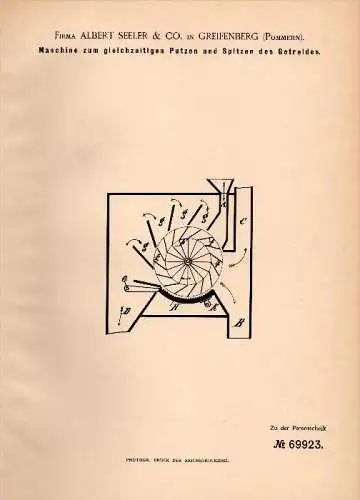 Original Patent -  Albert Seeler & Co in Greifenberg / Gryfice i. Pommern , 1892 , Putzmaschine für Getreide , Agrar !!