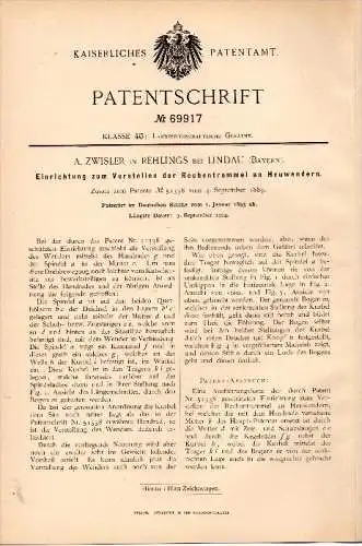 Original Patent - A. Zwisler in Rehlings b. Lindau , Bayern , 1893 , Apparat für Heuwender , Landwirtschaft , Agrar !!!