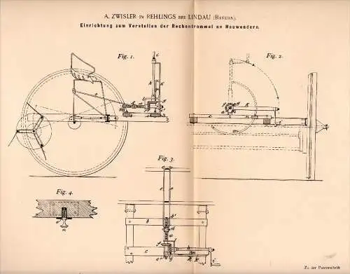 Original Patent - A. Zwisler in Rehlings b. Lindau , Bayern , 1893 , Apparat für Heuwender , Landwirtschaft , Agrar !!!