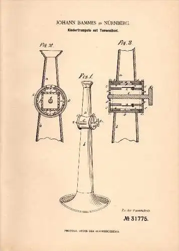 Original Patent - Johann Bammes in Nürnberg , 1884 , Kindertrompete mit Tonwechsel , Trompete , trumpet , Musik !!!