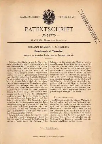 Original Patent - Johann Bammes in Nürnberg , 1884 , Kindertrompete mit Tonwechsel , Trompete , trumpet , Musik !!!