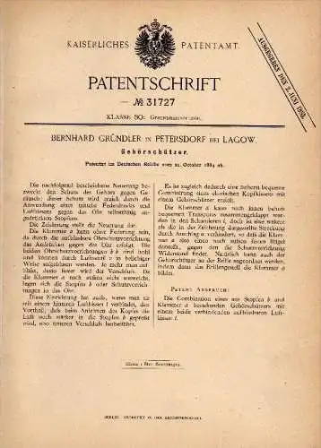 Original Patent - B. Gründler in Petersdorf bei Lagow / &#321;agów , 1884 , Schutz für Gehör , Ohrenschutz , Ohr !!!