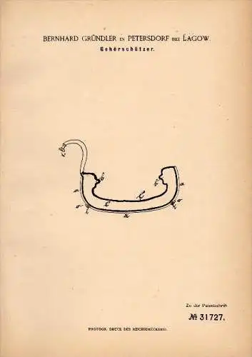 Original Patent - B. Gründler in Petersdorf bei Lagow / &#321;agów , 1884 , Schutz für Gehör , Ohrenschutz , Ohr !!!