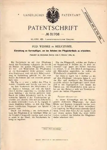 Original Patent - R. Wermke in Heiligenbeil / Mamonowo , 1884 , Karrenpflug , Pflug , Agrar , Russland !!!