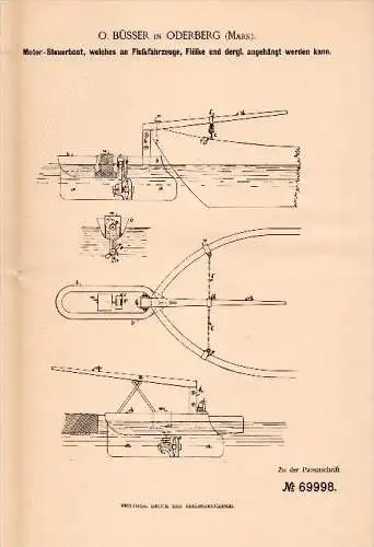 Original Patent -  O. Büsser in Oderberg b. Barnim , 1892 , Motor - Steuerboot , Motorboot , Boot !!!