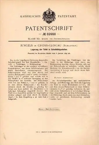 Original Patent - Jungels in Gross - Glogau / Glogow , 1893 , Tafel für Schule , Lagerung !!!