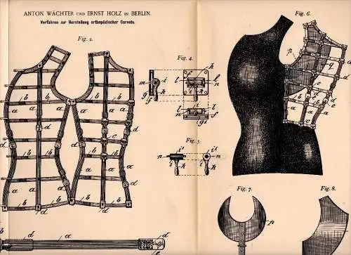 Original Patent - orthopädisches Korsett , corset , corsage  , 1882 , A. Wächter und E. Holz in Berlin , Orthopädie !!!