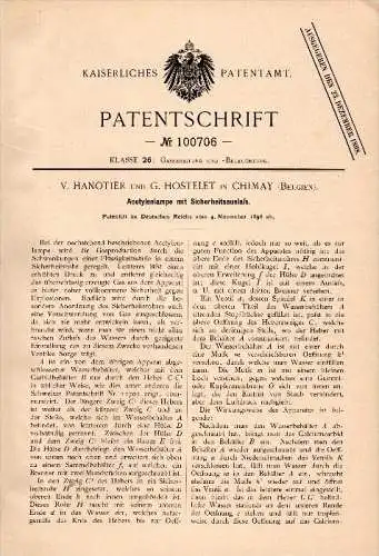 Original Patentschrift - V. Hanotier und G. Hostelet in Chimay , 1896 , Acetylen - Lampe . Gaslampe !!!