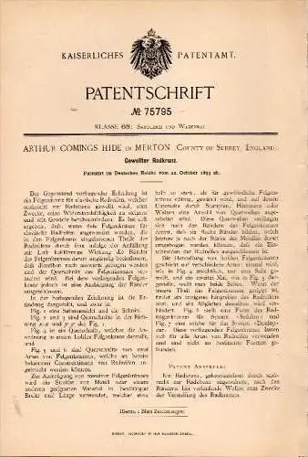 Original Patentschrift -A. Hide in Merton , Surrey , 1893 , corrugated rim, carriages construction !!!