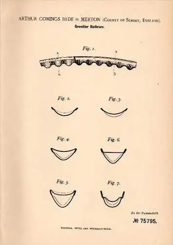 Original Patentschrift -A. Hide in Merton , Surrey , 1893 , corrugated rim, carriages construction !!!