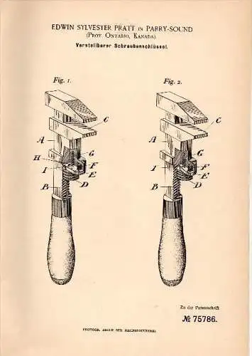 Original Patentschrift - E.S. Pratt in Parry Sound / Ontario , 1893 , adjustable wrench, tool !!!