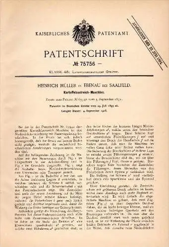 Original Patentschrift - Heinrich Müller in Ebenau b. Saalfeld , 1893, Kartoffel - Maschine , Landwirtschaft , Metallbau