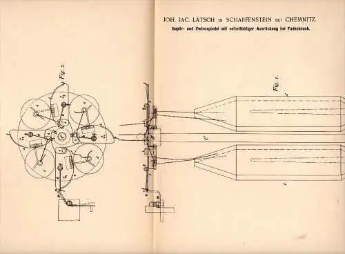 Original Patentschrift -J. Lätsch in Scharfenstein b. Chemnitz , 1894 , Zwirnspindel für Spinnerei , Spinnrad !!!