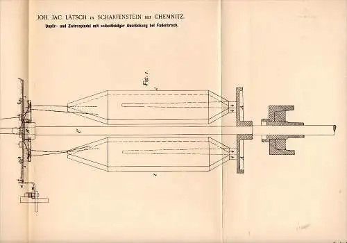 Original Patentschrift -J. Lätsch in Scharfenstein b. Chemnitz , 1894 , Zwirnspindel für Spinnerei , Spinnrad !!!