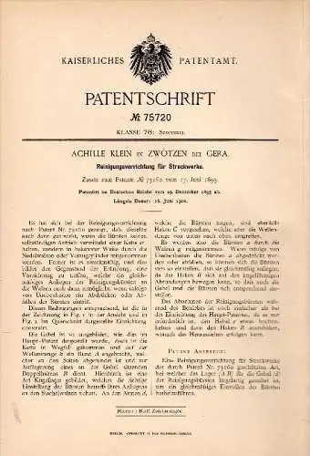 Original Patentschrift - Achille Klein in Zwötzen b. Gera , 1893 , Reinigungsapparat für Spinnerei , Spinnrad !!!