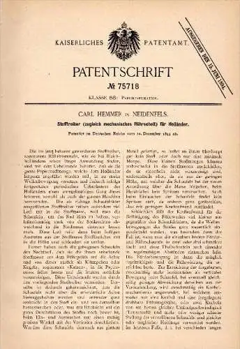 Original Patentschrift - Carl Hemmer in Neidenfels , 1893 , Stofftreiber für Papierfabrik , Papier , Bad Dürkheim !!!