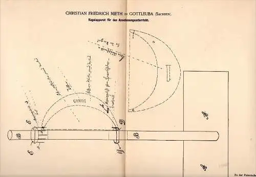 Original Patentschrift - Ch. Mieth in Gottleuba , Sachsen , 1884 , Kugelapparat für Unterricht , Schule , Physik !!!