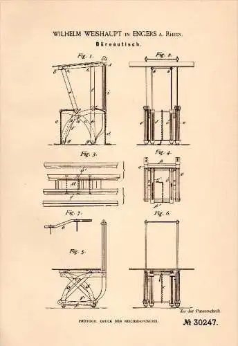 Original Patentschrift - Wilhelm Weishaupt in Engers b. Neuwied , 1884 , Bürotisch , Tisch , Möbel !!!