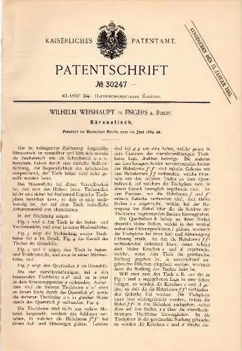 Original Patentschrift - Wilhelm Weishaupt in Engers b. Neuwied , 1884 , Bürotisch , Tisch , Möbel !!!