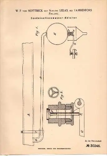 Original Patentschrift - W.F. von Nottbeck auf Schloss Lielax b. Tammerfors / Tampere , 1884 , Wasserabscheider !!!