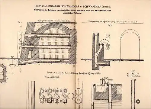 Original Patentschrift - Thonwaarenfabrik in Schwandorf , Bayern , 1884 , Heizung für Gasringöfen , Ziegelei , Thon !!!