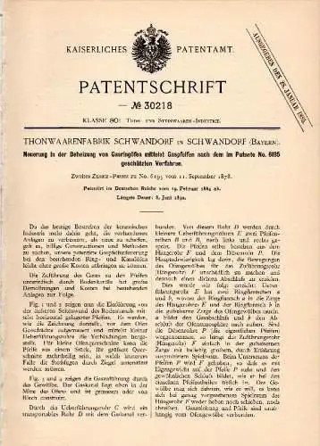 Original Patentschrift - Thonwaarenfabrik in Schwandorf , Bayern , 1884 , Heizung für Gasringöfen , Ziegelei , Thon !!!