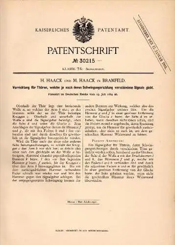 Original Patentschrift -M. Haack in Bramfeld b. Hamburg , 1884 , Signalapparat für Türen , Fenster- und Türenbau !!!