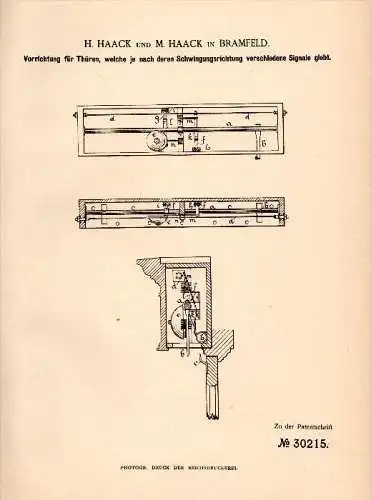 Original Patentschrift -M. Haack in Bramfeld b. Hamburg , 1884 , Signalapparat für Türen , Fenster- und Türenbau !!!