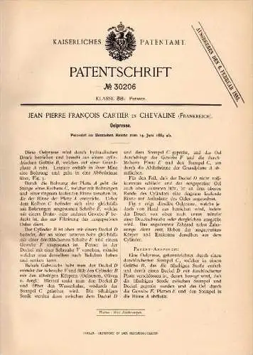 Original Patentschrift -J. P. Francois Cartier dans Chevaline , 1884 , presse à huile , Faverges !!!