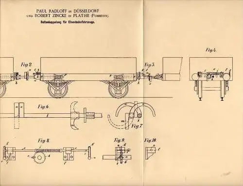 Original Patentschrift -R. Zincke in Plathe i. Pommern / P&#322;oty ,1888, Eisenbahn - Kupplung , P. Radloff in Düsseldo