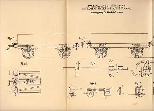 Original Patentschrift -R. Zincke in Plathe i. Pommern / P&#322;oty ,1888, Eisenbahn - Kupplung , P. Radloff in Düsseldo