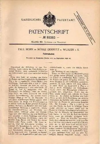 Original Patentschrift - Paul Horn in Mühle Dehnitz b. Wurzen i.S., 1896 , Sattel für Fahrrad , Fahrräder !!!