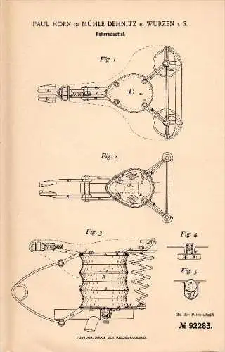 Original Patentschrift - Paul Horn in Mühle Dehnitz b. Wurzen i.S., 1896 , Sattel für Fahrrad , Fahrräder !!!