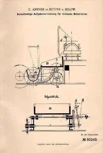 Original Patentschrift - C. Amende in Bützer b. Milow , 1896 , Apparat für klebende Materialien , Ziegelei , Thon !!!