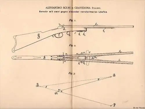 Original Patentschrift - Alessandro Scuri in Gravedona , 1896 , Pistola con due tubi regolabili !!!