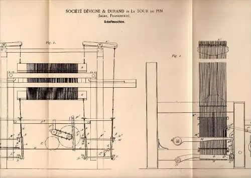 Original Patentschrift - Dévigne & Durand dans La Tour du Pin , 1887 , Machine pour le tissage !!!