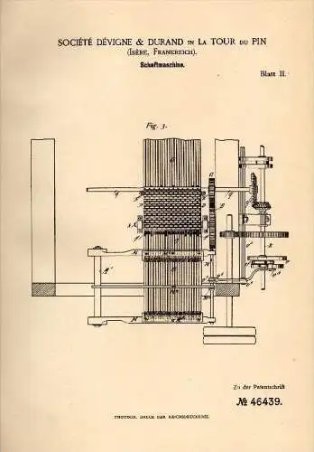 Original Patentschrift - Dévigne & Durand dans La Tour du Pin , 1887 , Machine pour le tissage !!!