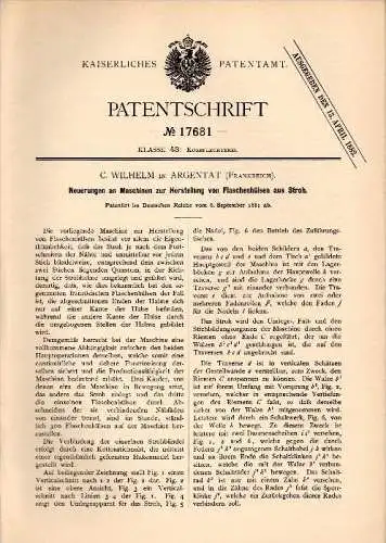 Original Patentschrift - C. Wilhelm dans Argentat , 1881 , Machine pour paillons pour bouteilles !!!