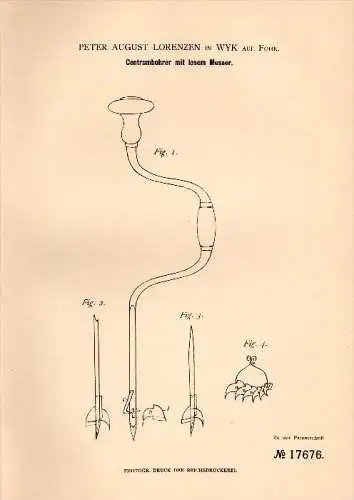 Original Patentschrift - P.A. Lorenzen in Wyk auf Föhr , 1881 , Centrumbohrer mit Messer , Holz , Tischlerei !!!