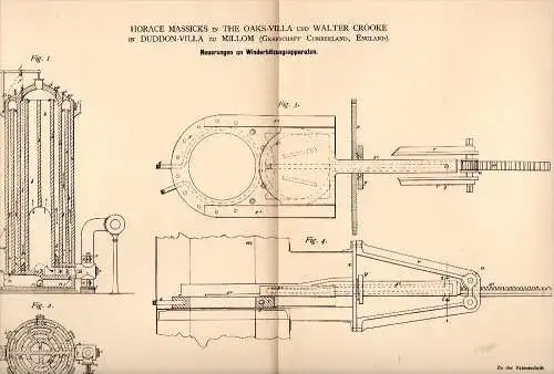 Original Patentschrift - H. Massicks and W. Crooke in Millom , 1881, Blast stoves, heating , Duddon - Villa , Cumberland