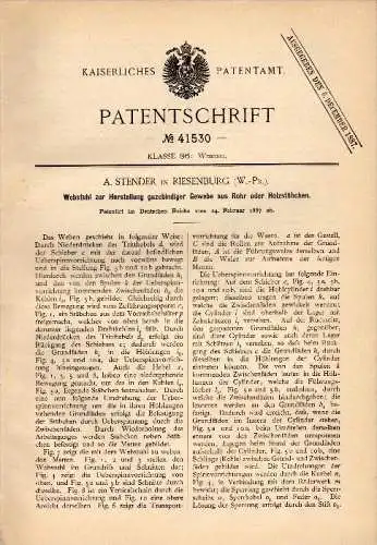 Original Patentschrift - A. Stender in Riesenburg / Prabuty in Westpr., 1887 , Webstuhl für Gewebe , Weberei , Preussen