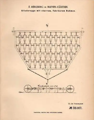 Original Patentschrift -  E. Herzberg in Bleyen b. Cüstrin , 1885 , Cuestrin , Egge , Landwirtschaft , Genschmar